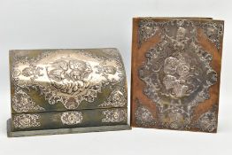 AN EDWARDIAN SILVER MOUNTED GREEN MORROCO LEATHER STATIONERY BOX, the front applied with repousse