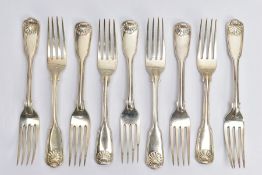 A MATCHED SET OF NINE WILLIAM IV AND VICTORIAN SILVER FIDDLE, THREAD & SHELL PATTERN TABLE FORKS,