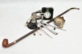 A PARCEL OF ASSORTED SILVER AND WHITE METAL, ETC, including a long silver mounted pipe, with briar