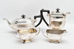 AN ELIZABETH II SILVER FOUR PIECE TEA SET OF SHAPED RECTANGULAR FORM, tea pot and hot water pot with