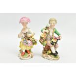 A PAIR OF LATE 18TH / EARLY 19TH CENTURY DERBY PORCELAIN FIGURES OF SEATED BOY AND GIRL GARDENERS,