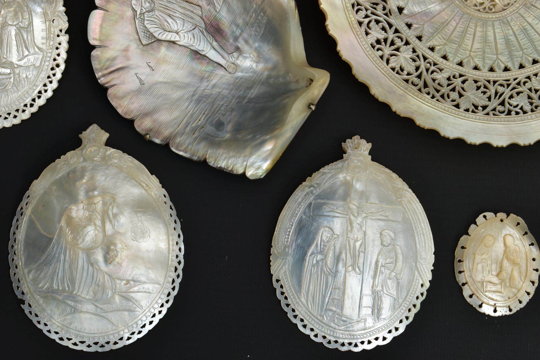 SEVEN MOTHER OF PEARL SHELL CARVINGS OF BIBLICAL SCENES, including the Nativity, the crucifixion and - Image 4 of 17