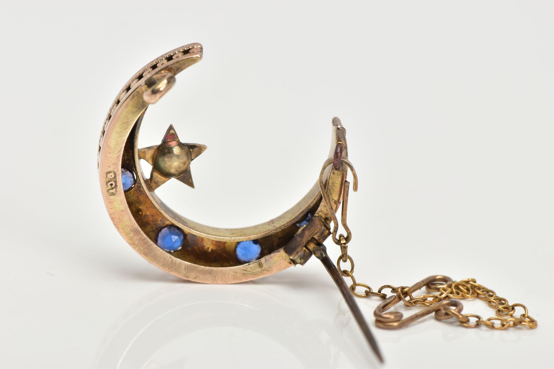 A LATE VICTORIAN 9CT GOLD SAPPHIRE AND SPLIT PEARL CRESCENT BROOCH, designed as circular sapphires - Image 5 of 7