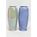 TWO RUSKIN POTTERY BALUSTER VASES, one in a lilac glaze with areas of iridescence, the other in a
