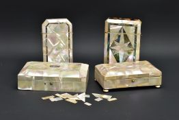 FOUR VICTORIAN MOTHER OF PEARL DECORATED ITEMS COMPRISING TWO CIGAR CASES, A TRINKET BOX AND A