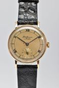 A 9CT GOLD CASED HAND-WOUND J.W.BENSON WRISTWATCH, round champagne dial with Roman numeral markers