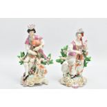 A PAIR OF LATE 18TH CENTURY DERBY PORCELAIN FIGURES OF LADY AND GENTLEMAN MUSICIANS, he playing