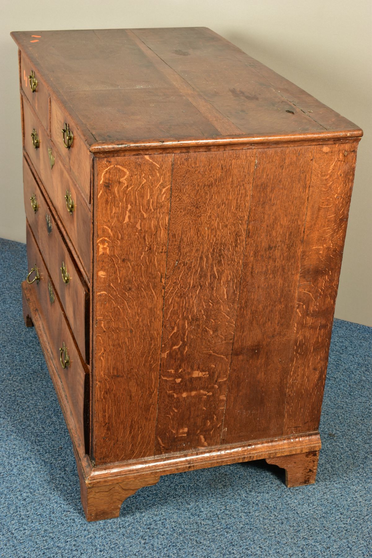 A GEORGE I AND LATER OAK CHEST OF TWO SHORT OVER THREE LONG GRADUATED DRAWERS, the drawer fronts - Image 7 of 11