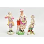 THREE LATE 18TH / EARLY 19TH CENTURY DERBY PORCELAIN FIGURES, comprising a figure of a boy dressed