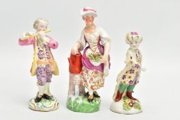 THREE LATE 18TH / EARLY 19TH CENTURY DERBY PORCELAIN FIGURES, comprising a figure of a boy dressed