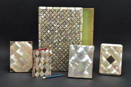 FIVE ITEMS OF VICTORIAN MOTHER OF PEARL DECORATED ITEMS COMPRISING AN ABALONE INLAID BLOTTER, TWO