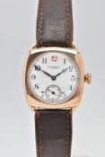 A 9CT GOLD HAND-WOUND WALTHAM WRISTWATCH, round white dial with Arabic numerals, subsidiary dial