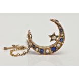 A LATE VICTORIAN 9CT GOLD SAPPHIRE AND SPLIT PEARL CRESCENT BROOCH, designed as circular sapphires