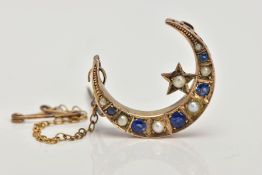 A LATE VICTORIAN 9CT GOLD SAPPHIRE AND SPLIT PEARL CRESCENT BROOCH, designed as circular sapphires