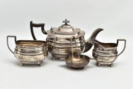 A GEORGE V SILVER RECTANGULAR THREE PIECE TEA SET OF LATE GEORGE III STYLE, comprising tea pot, twin