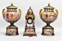 A LATE 19TH/EARLY 20TH CENTURY VIENNA PORCELAIN MATCHED CLOCK GARNITURE, the mantel clock of