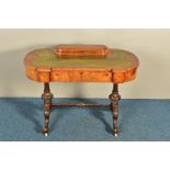 A VICTORIAN BURR WALNUT, MARQUETRY INLAID AND STRUNG LADIES WRITING TABLE, the oval raised section
