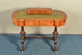 A VICTORIAN BURR WALNUT, MARQUETRY INLAID AND STRUNG LADIES WRITING TABLE, the oval raised section