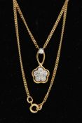 A MODERN 18CT GOLD DIAMOND CLUSTER DROP PENDANT AND CHAIN, a round flower cluster of brilliant cut