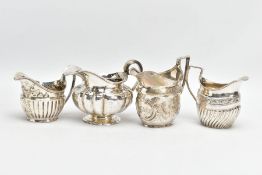 FOUR 19TH CENTURY SILVER MILK AND CREAM JUGS, comprising three helmet shaped cream jugs, the