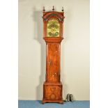 A GEORGE II WALNUT EIGHT DAY LONGCASE CLOCK, the hood with stained glass arched panel above