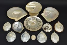 SEVEN MOTHER OF PEARL SHELL CARVINGS OF BIBLICAL SCENES, including the Nativity, the crucifixion and