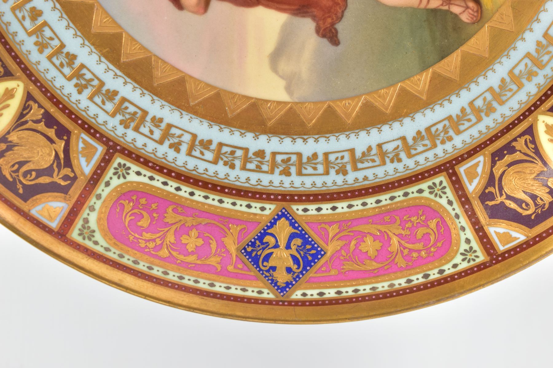 TWO LATE 19TH CENTURY VIENNA STYLE PORCELAIN CHARGERS, with polychrome and gilt borders - Image 4 of 15
