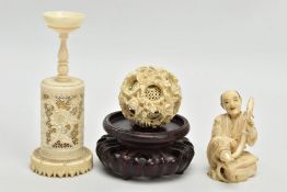 A LATE 19TH CENTURY CHINESE CANTON CARVED IVORY PUZZLE BALL ON STAND AND A JAPANESE MEIJI PERIOD