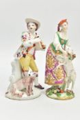 A CHELSEA PORCELAIN FIGURE OF A SHEPHERDESS, CIRCA 1765 AND A BOW PORCELAIN FIGURE OF A MALE BAGPIPE