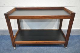 A DANISH 1960'S/70'S ROSEWOOD TWO TIER TEA TROLLEY, on chrome casters, unlabelled, width 90cm