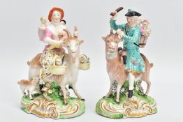 A PAIR OF DERBY FIGURES OF THE WELSH TAILOR AND HIS WIFE, CIRCA 1780, modelled as riding goats,