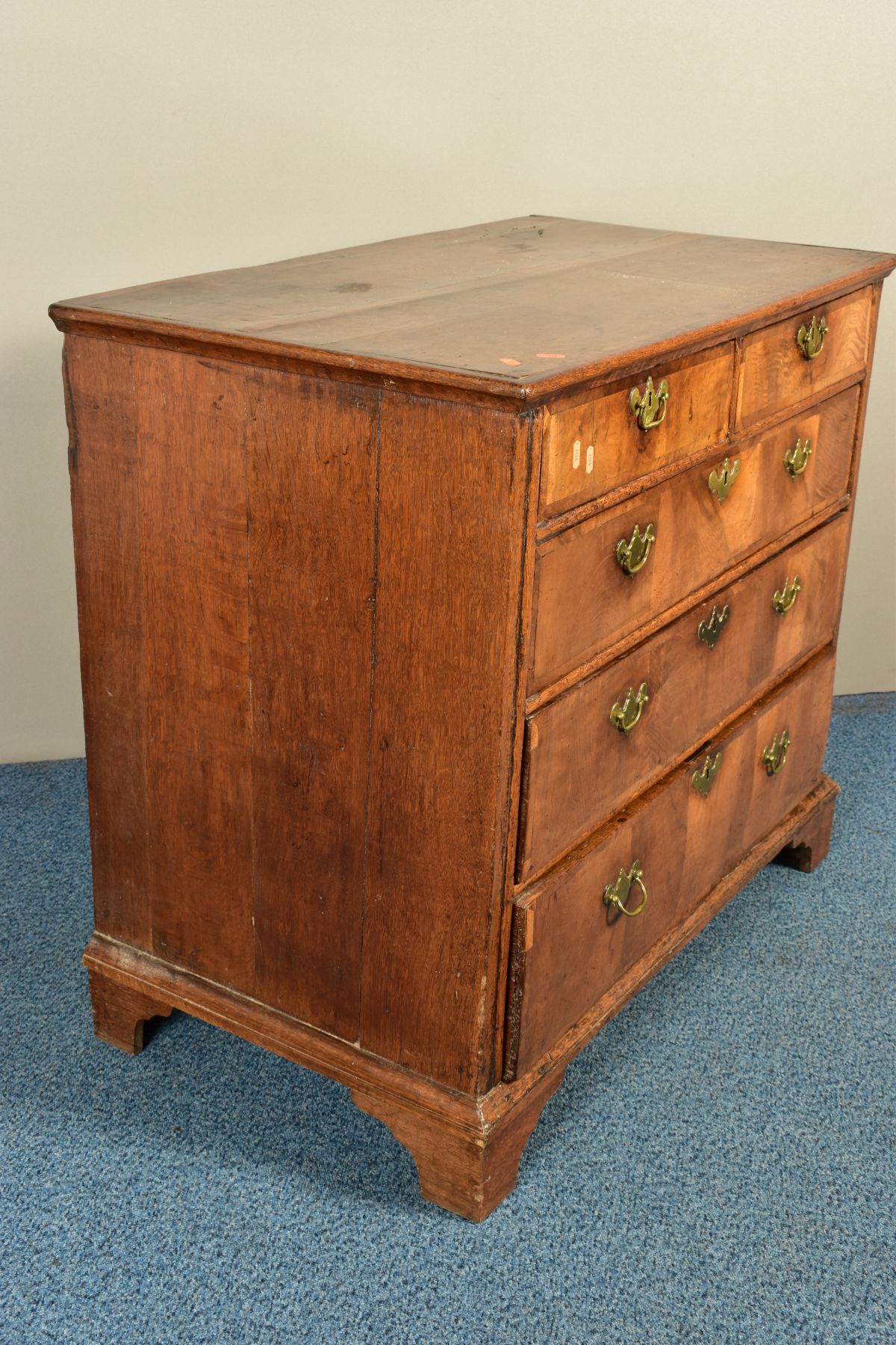 A GEORGE I AND LATER OAK CHEST OF TWO SHORT OVER THREE LONG GRADUATED DRAWERS, the drawer fronts - Image 9 of 11
