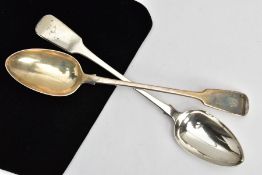 TWO EARLY 19TH CENTURY SILVER FIDDLE PATTERN BASTING SPOONS, both with an engraved initial to the