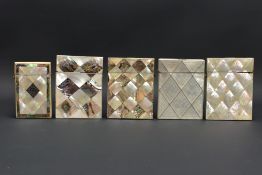 FIVE VICTORIAN CARD CASES OF RECTANGULAR FORM, three of geometric design inset with abalone and