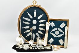 A COLLECTION OF 19TH CENTURY MOTHER OF PEARL ITEMS INCLUDING GAMING COUNTERS MOUNTED IN TWO FRAMES