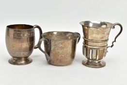 A VICTORIAN SILVER CHRISTENING MUG, ANOTHER CHRISTENING MUG AND A TWIN HANDLED CHRISTENING CUP,