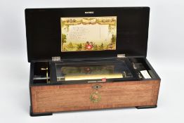 A LATE 19TH CENTURY SWISS MUSIC BOX IN A ROSEWOOD, EBONISED AND INLAID CASE, the hinged lid pinned