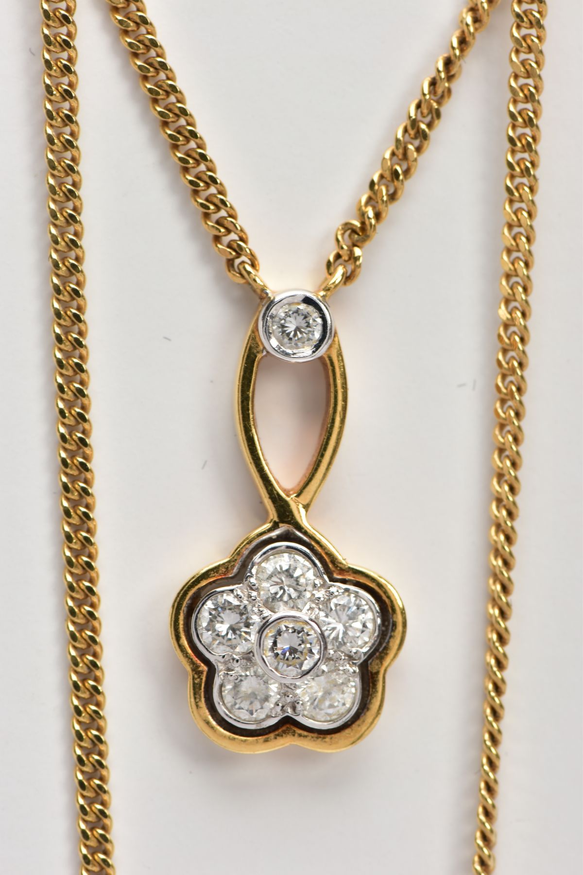 A MODERN 18CT GOLD DIAMOND CLUSTER DROP PENDANT AND CHAIN, a round flower cluster of brilliant cut - Image 4 of 6