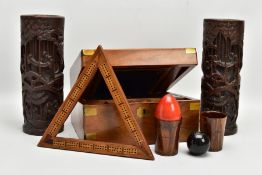 A GROUP OF VICTORIAN AND LATER TREEN, comprising a Victorian walnut and brass mounted writing slope,