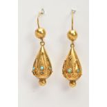 A PAIR OF DROP EARRINGS, each designed as a pear shape drop with applied cannetille decoration and