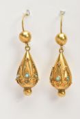 A PAIR OF DROP EARRINGS, each designed as a pear shape drop with applied cannetille decoration and