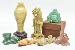 SEVEN PIECES OF CHINESE HARDSTONE, comprising a chalcedony figure of a recumbent ox, height 3.3cm,