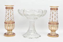 A PAIR OF LATE 19TH CENTURY CLEAR GLASS CONICAL VASES, the gilt geometric designs with red and