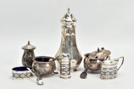 A PARCEL OF 20TH CENTURY SILVER, comprising a George V sugar caster, the domed cover with urn shaped