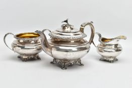 A MATCHED EARLY VICTORIAN SILVER THREE PIECE TEA SET OF COMPRESSED CIRCULAR FORM, the tea pot with