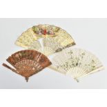THREE 18TH / 19TH CENTURY FANS, all three in distressed condition, comprising a carved bone and