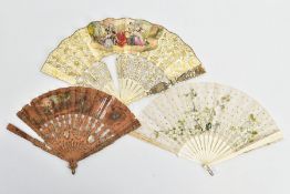 THREE 18TH / 19TH CENTURY FANS, all three in distressed condition, comprising a carved bone and