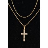 A MODERN 18CT GOLD DIAMOND CROSS AND CHAIN, diamond set with thirteen modern round brilliant cut