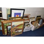 THREE BOXES AND LOOSE PICTURES AND PRINTS ETC, to include a wooden tray inset with wood samples to