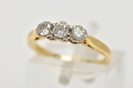 AN 18CT GOLD THREE STONE DIAMOND RING, three round brilliant cut diamonds, approximate gross